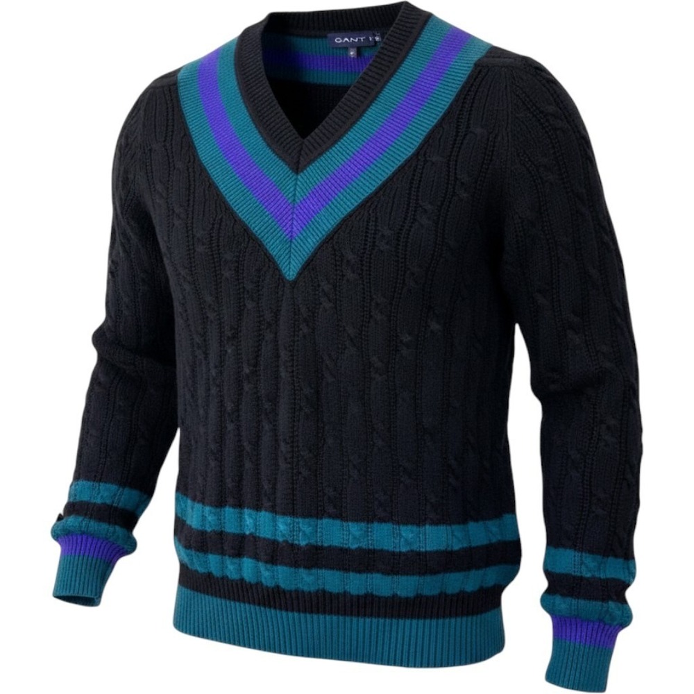 New Vtg 80's Gant Sz M Preppy Black/ Green/ Purple  Cable Knit V Cotton Sweater
